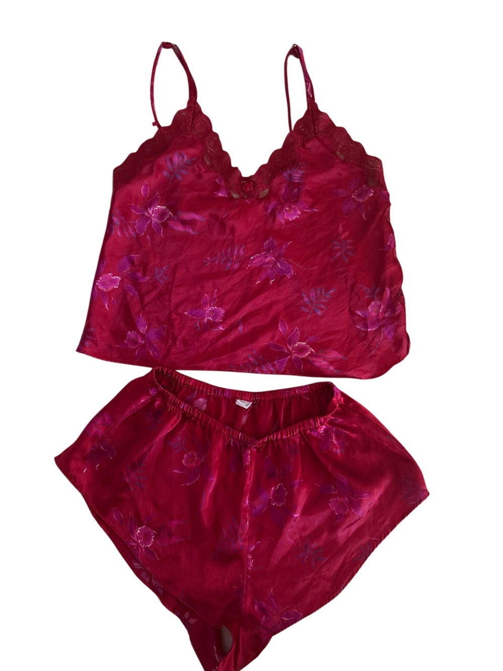 Lace-Trim Red Floral Satin Cami & Short Sleep Set